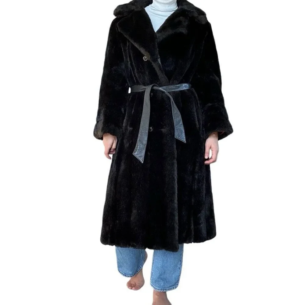Vintage 70s Diamonte Faux Fur Coat Black Brown Mob Wife Size Medium Classic - Picture 2 of 10